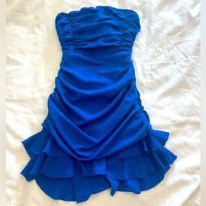 Lucy in the Sky Crepe Ruched Bodycon Mini Dress in Blue